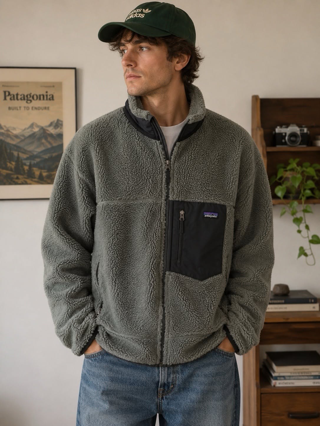 Patagonia Sage Green Fleece Jacket — Stand-up Collar, Black