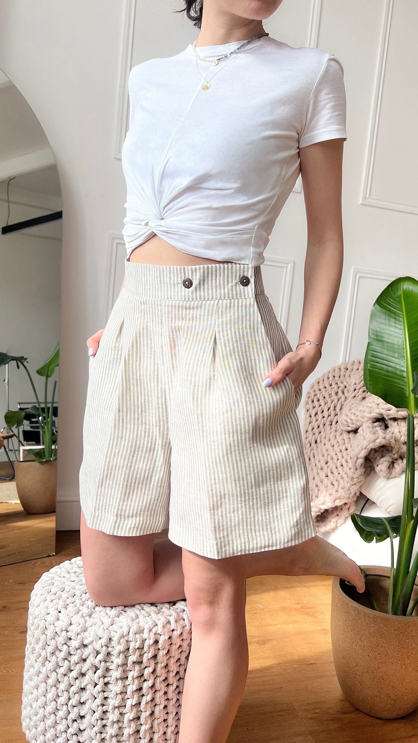 Casual Beige and White Striped Shorts — Pleated Front, Side Pockets