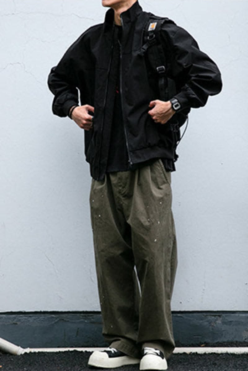 streetwear black bomber jacket — stand collar, full zip closure, elasticated cuffs and hem, front flap pockets, raglan sleeves