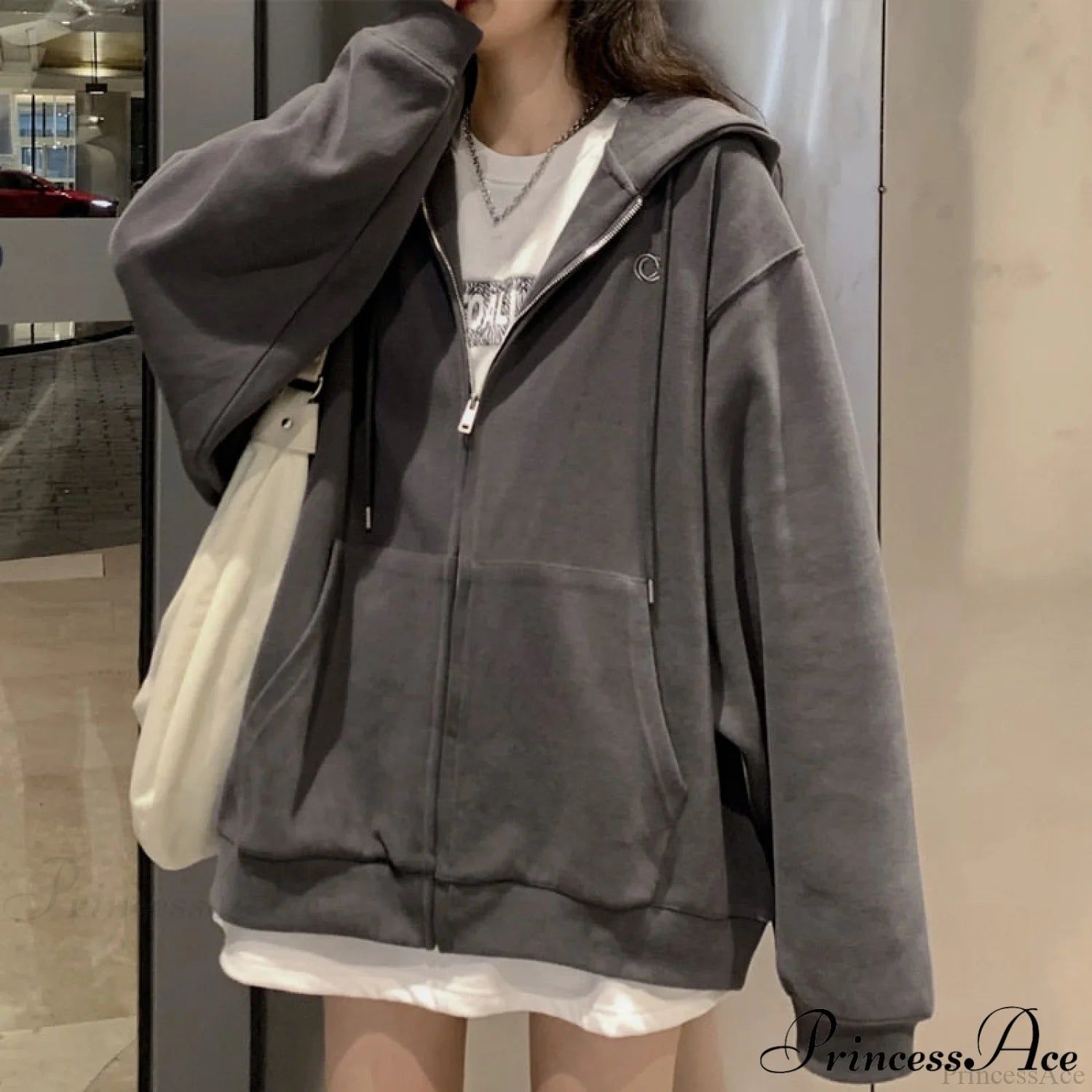 Casual Dark Gray Hoodie — Full Zip Front, Hood with Drawstring