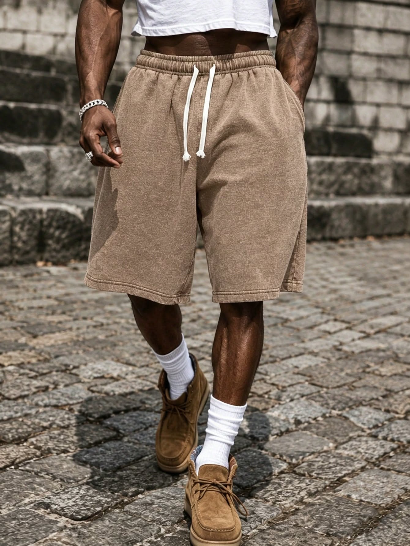 Casual Camel Brown Shorts — Elastic Waistband with Contrasting White