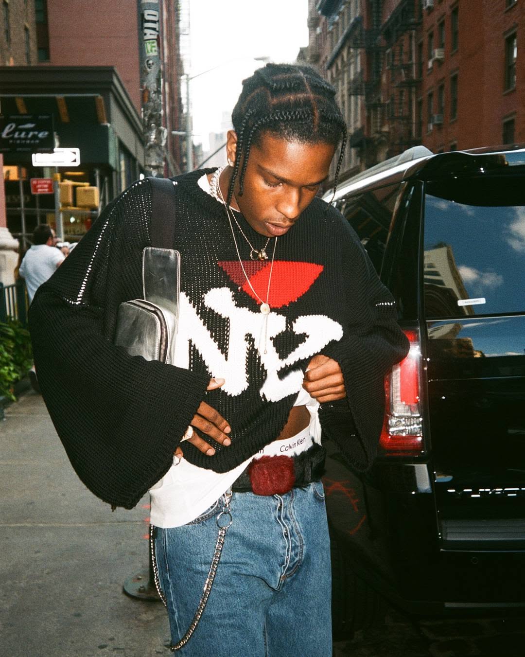 A$ap Rocky Black Knit Sweater — Wide Bell Sleeves, Distressed White