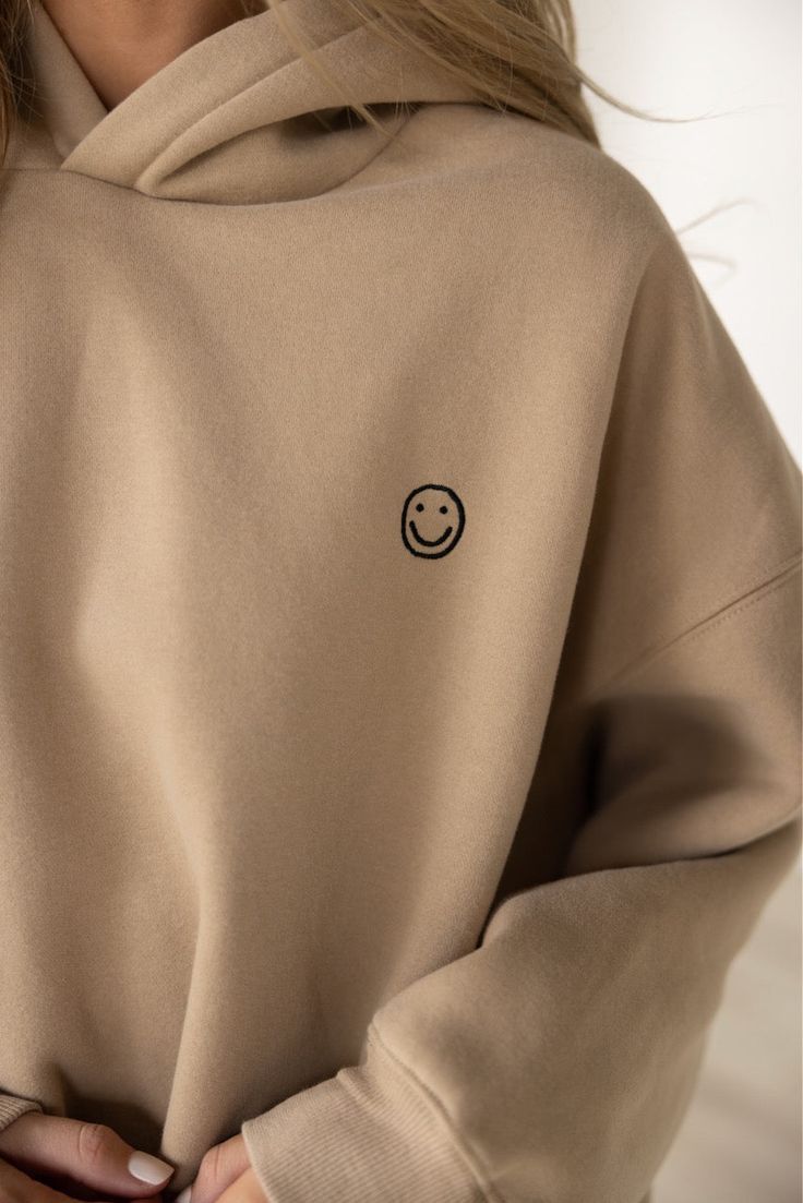 Casual Camel Beige Hoodie — Embroidered Small Black Smiley Face