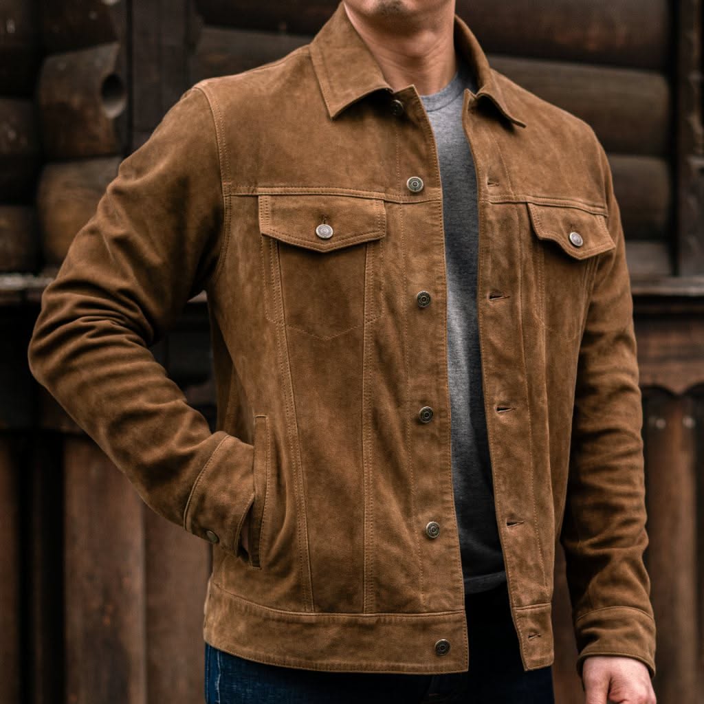 Casual Tan Brown Trucker Jacket — Pointed Collar, Chest Flap Pockets