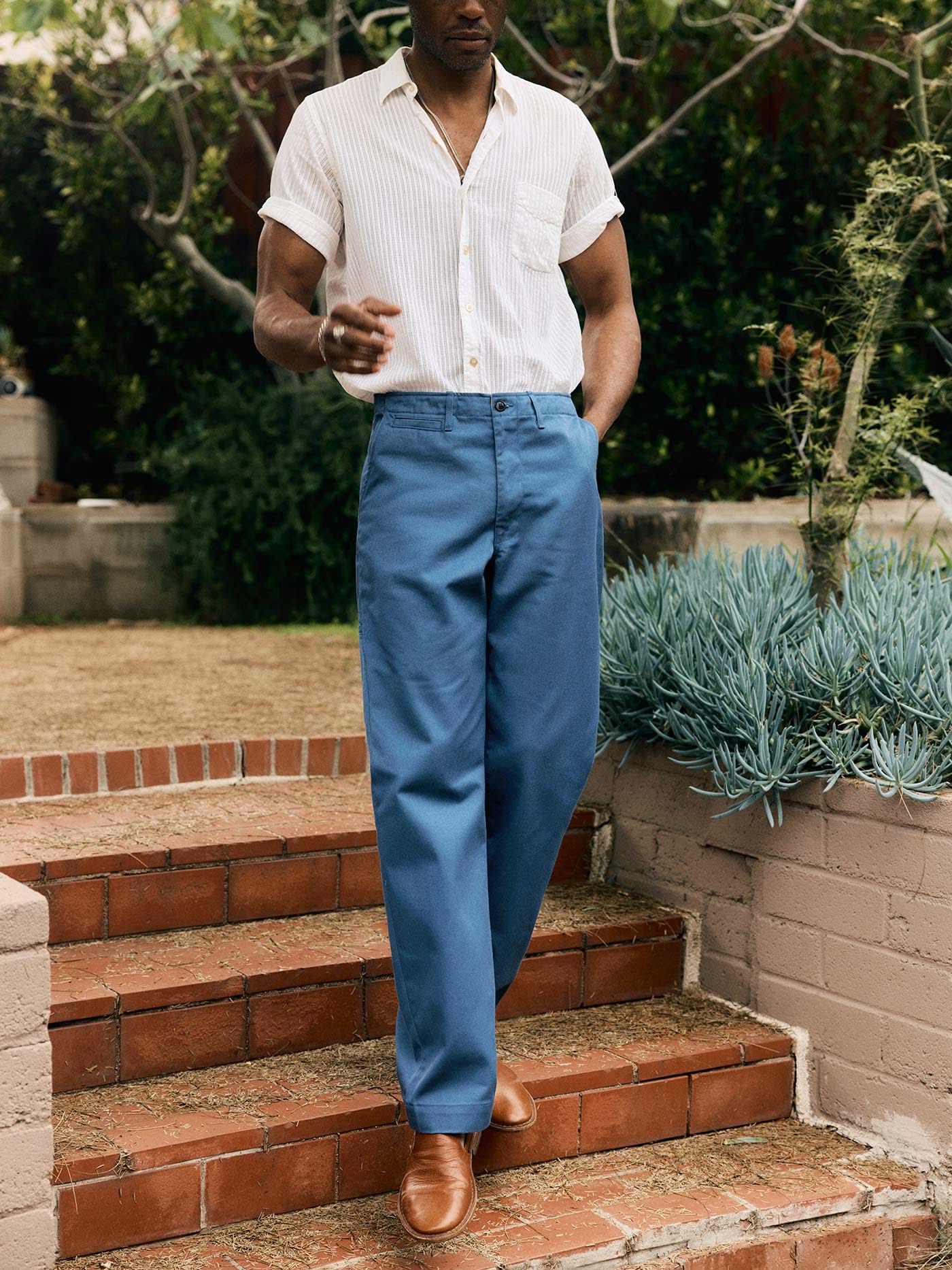 casual postman blue men's trousers — flat front, side pockets, button and zip closure