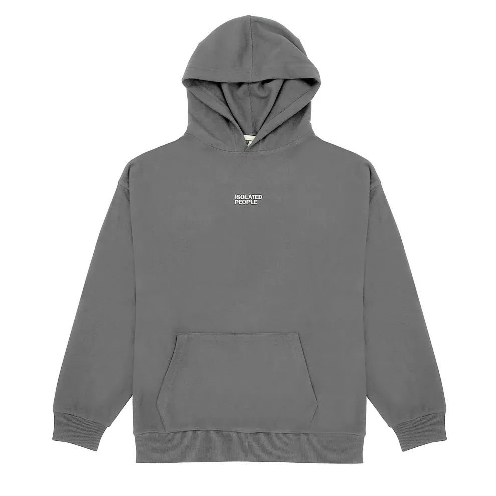 Isolated People dark grey hoodie — hooded, long sleeve, ribbed cuffs and hem, kangaroo pocket, small white chest logo
