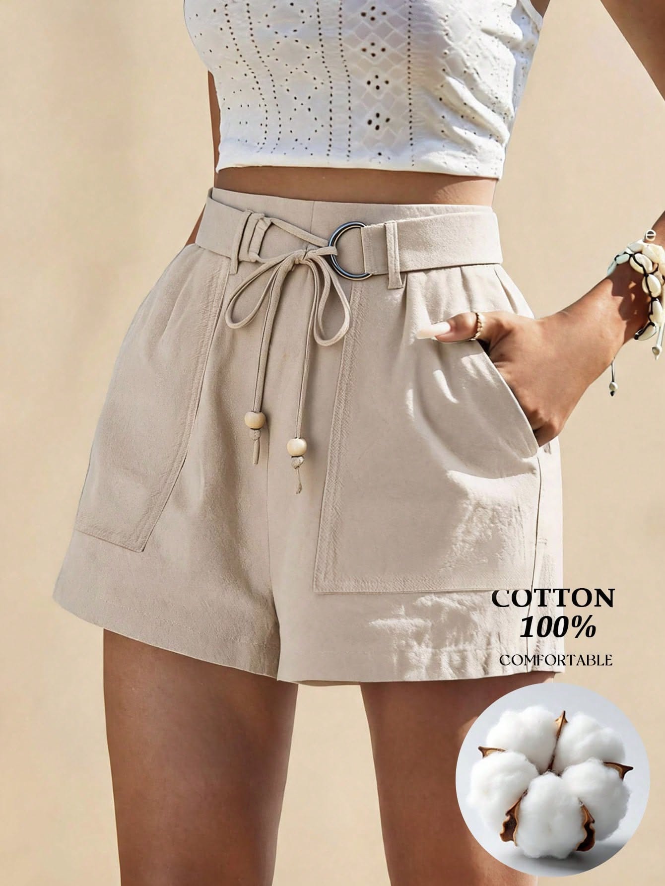 Casual Beige Shorts — D-ring Belt with Tie Drawstring, Beaded Ends