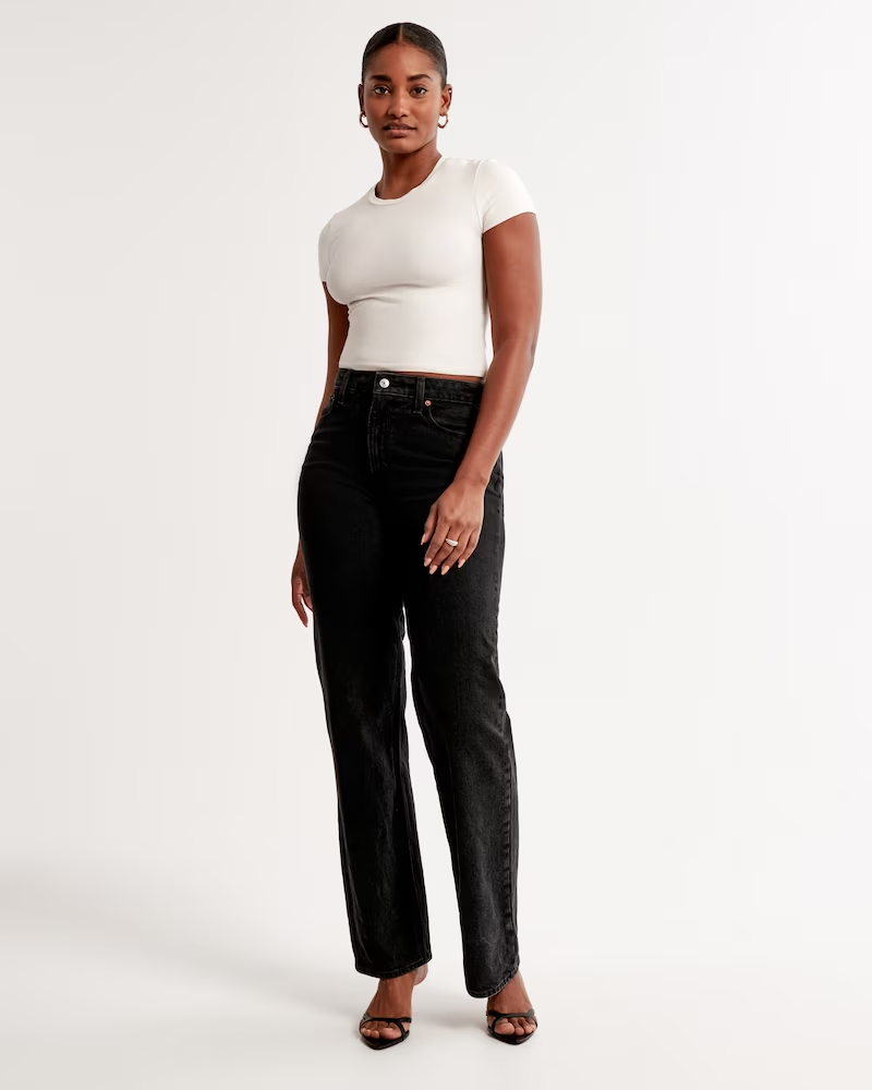 casual faded black jeans — five-pocket style, button and zipper closure, belt loops