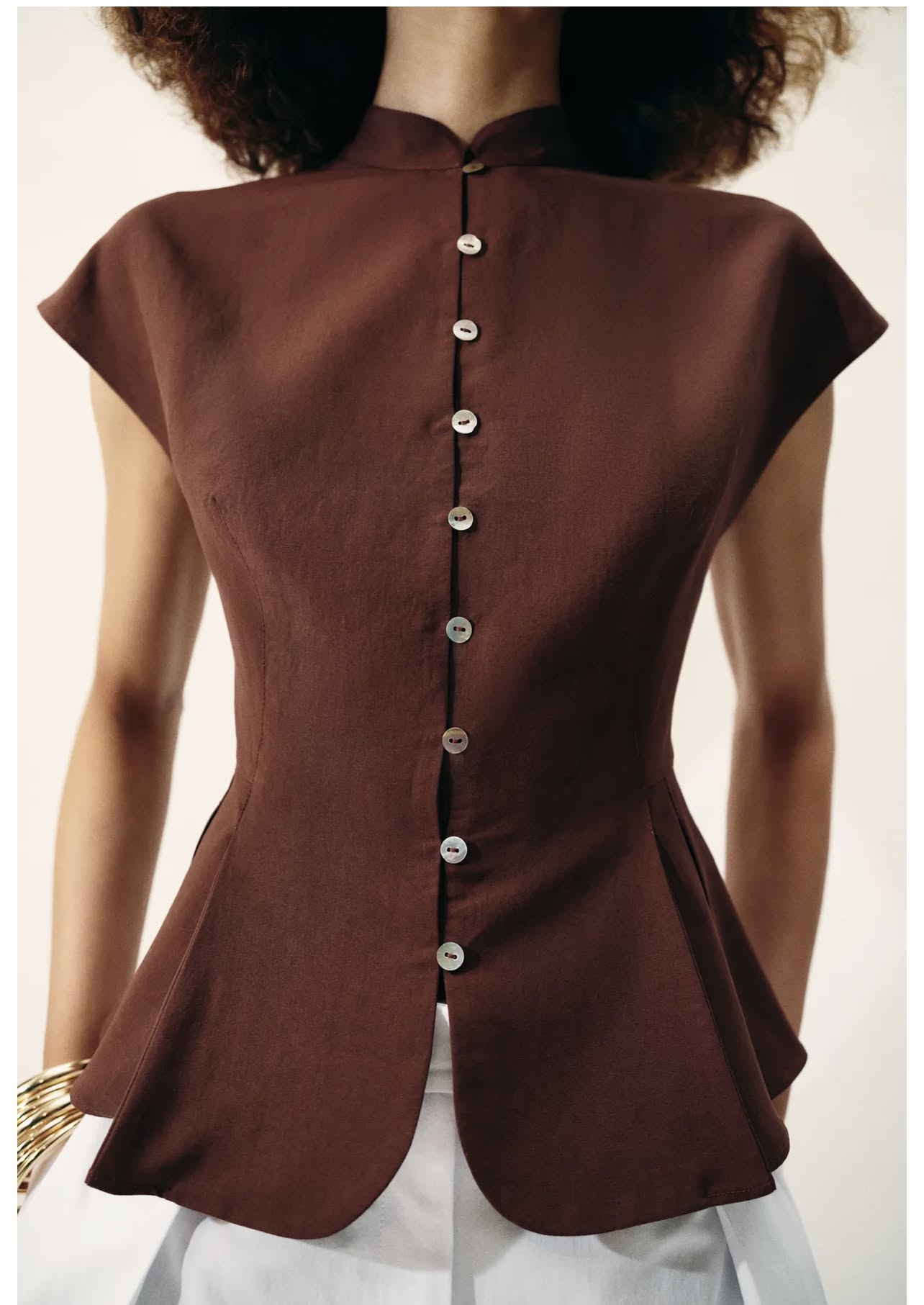 Minimalist Dark Brown Blouse — Mandarin Collar, Front Button Closure