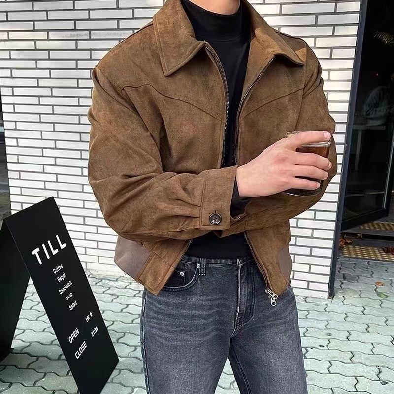 casual brown bomber jacket — point collar, full zip closure, dropped shoulders, gathered cuffs, elasticated hem, chest yoke detail