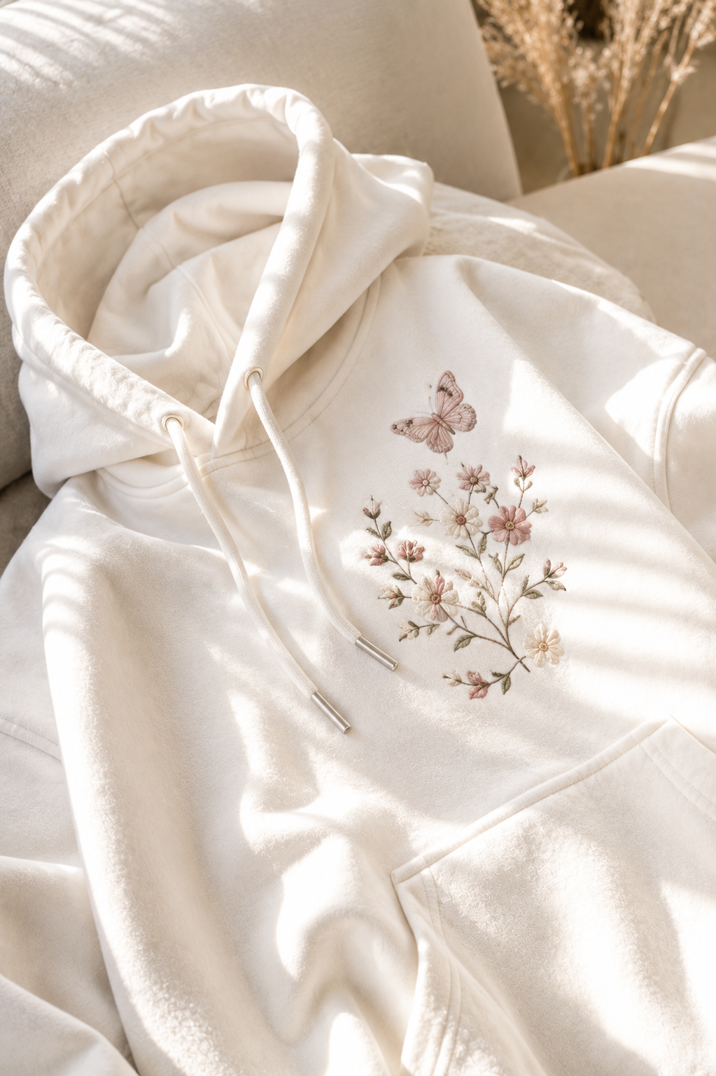 Casual Off-white Hoodie — Drawstring Hood, Front Kangaroo Pocket