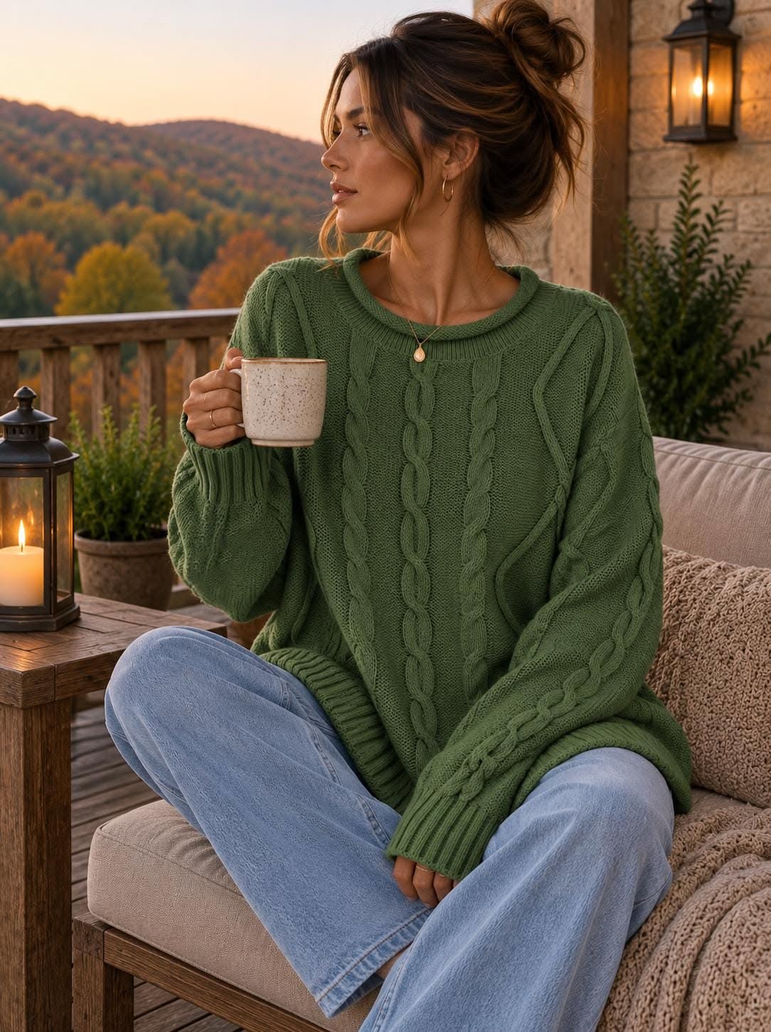 Casual Forest Green Sweater — Crew Neckline, Chunky Cable Knit