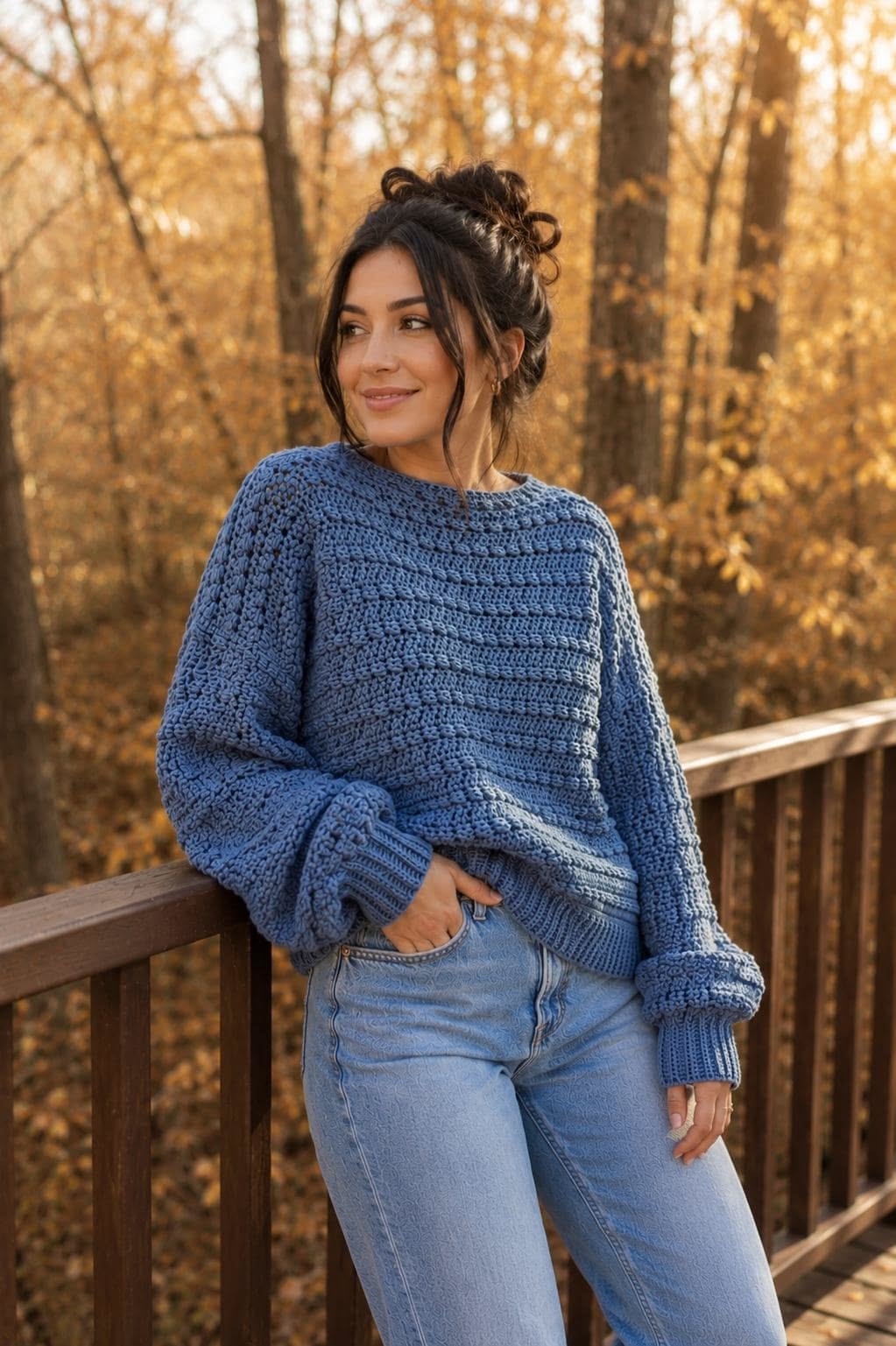 Casual Dusty Blue Crochet Sweater — Crew Neckline, Dropped Shoulders