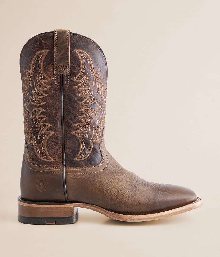 Ariat Brown Cowboy Boots — Wide Square Toe, Embroidered Shaft, Pull