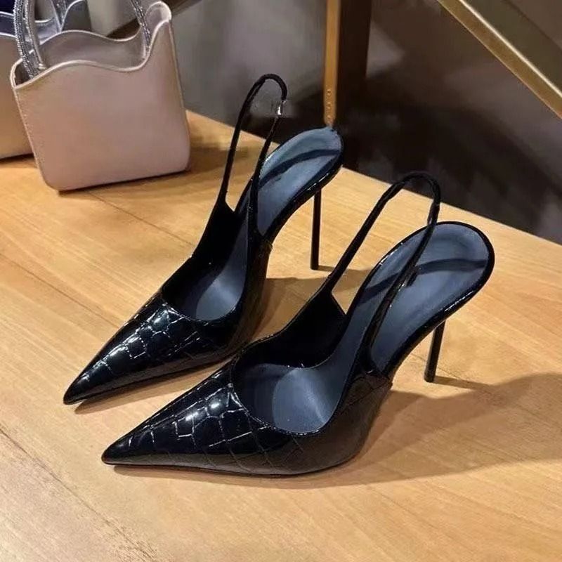 luxury black slingback stiletto heels — pointed toe, slingback strap, stiletto heel, crocodile embossed texture