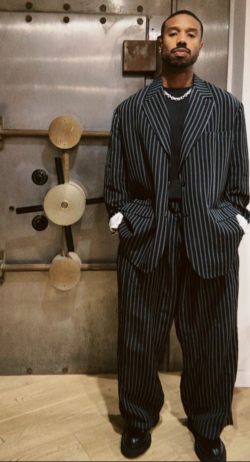 Michael b. Jordan Navy and White Pinstripe Suit — Notch Lapel