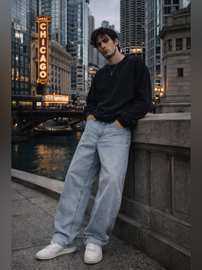 casual light wash blue jeans — classic five-pocket style, light fading