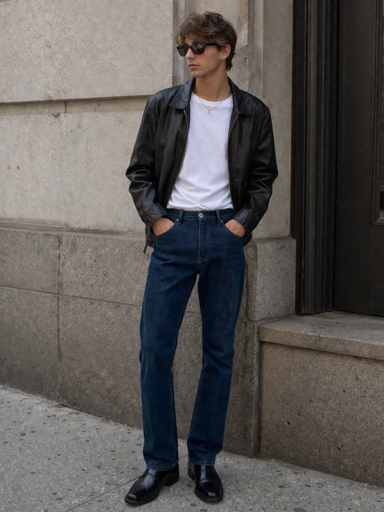 casual dark wash blue jeans — five-pocket style, button fly, low rise