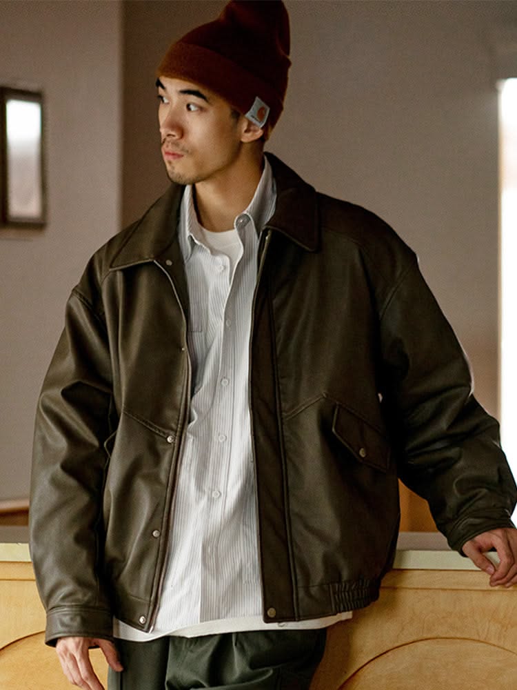 Streetwear Dark Olive Khaki Leather Jacket — Pointed Collar, Zip