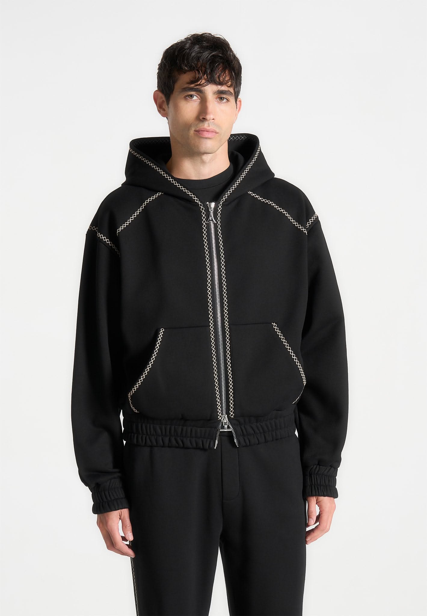 Manière de Voir Black Zip-up Hoodie — Whipstitch Detailing, Raglan