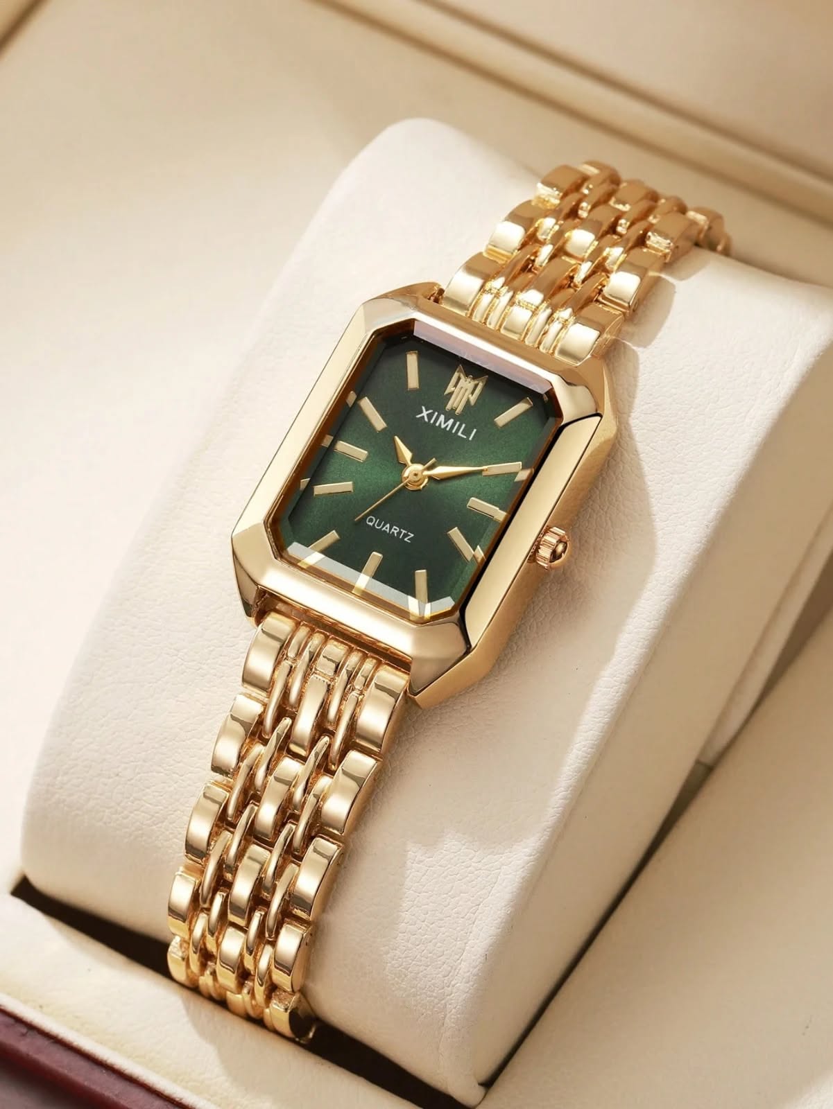 XIMILI Gold and Emerald Green Watch — Rectangular Case, Emerald Green