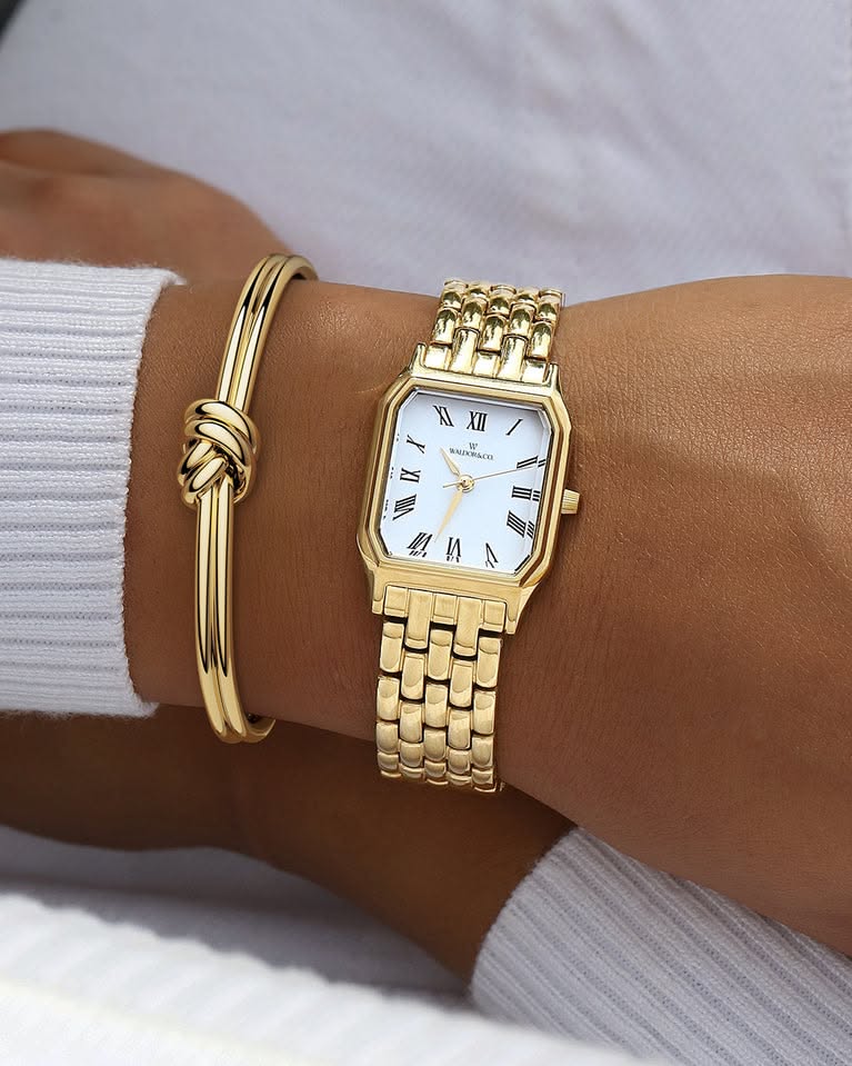 Waldor & Co. Gold Watch — Rectangular Case, White Dial, Roman