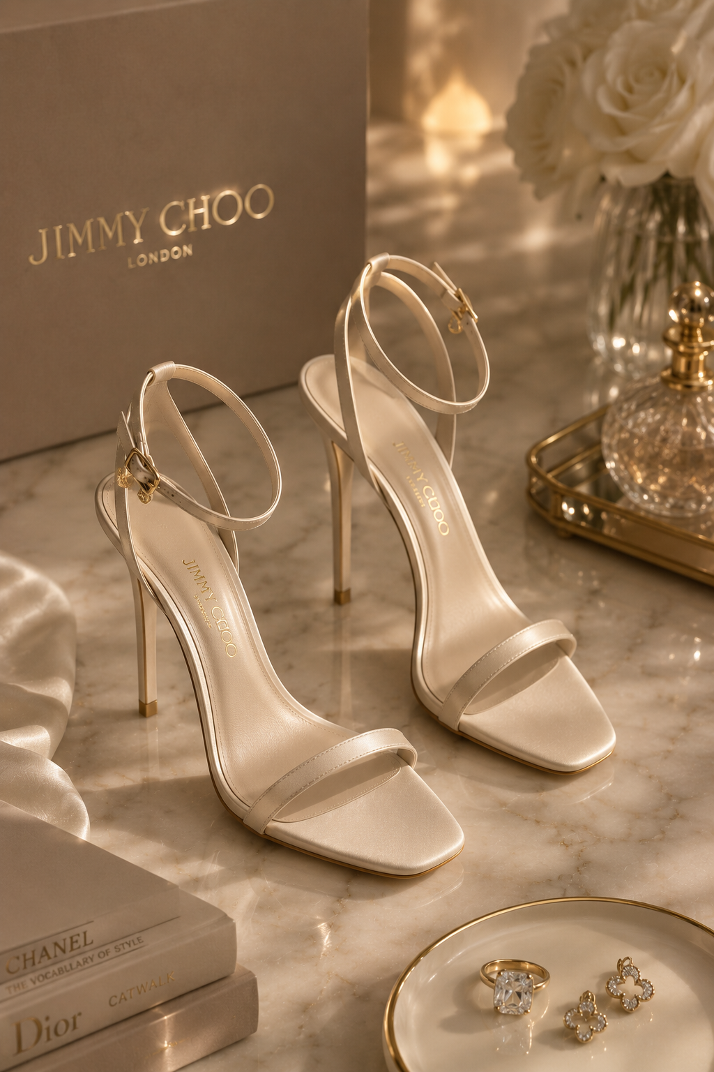 Jimmy Choo Cream Satin Strappy High Heels — Thin Ankle Strap, Thin