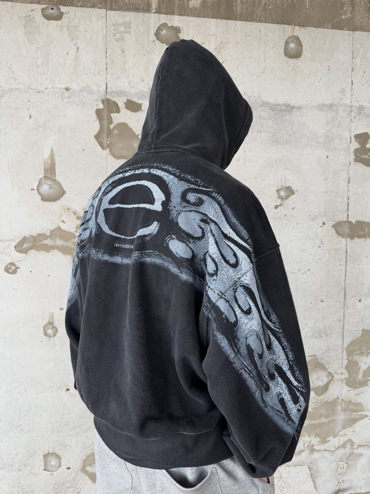 Streetwear Washed Black Hoodie — Faded Vintage Wash, Abstract Grey