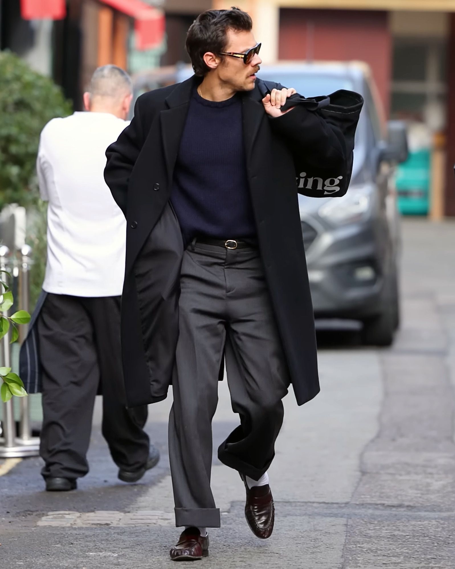 Harry Styles Black Overcoat — Notch Lapel, Single-breasted, Front
