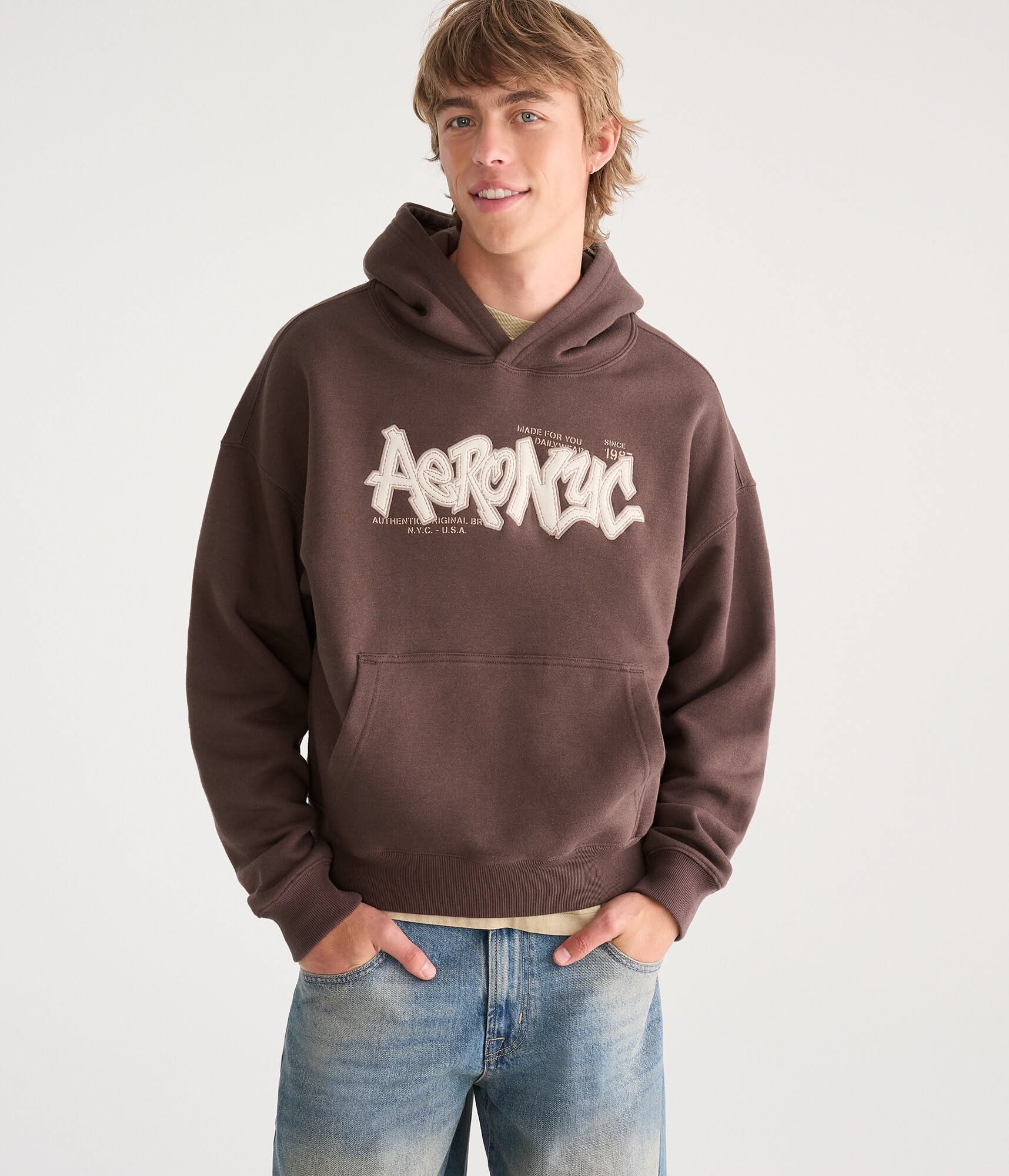 Aeropostale Brown Pullover Hoodie — Front Kangaroo Pocket, Puff