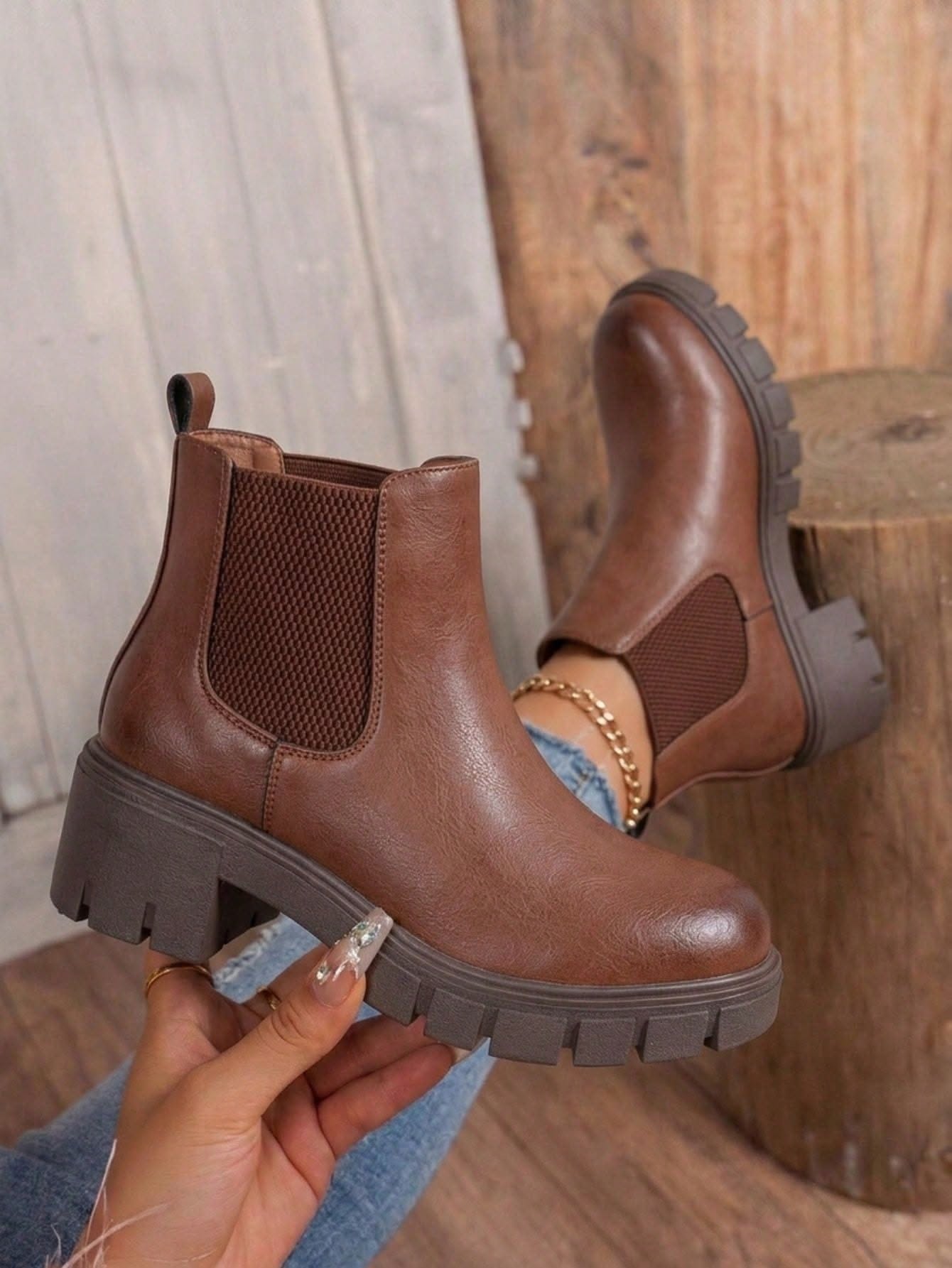 Casual Brown Faux Leather Ankle Boots — Elastic Side Goring, Lug