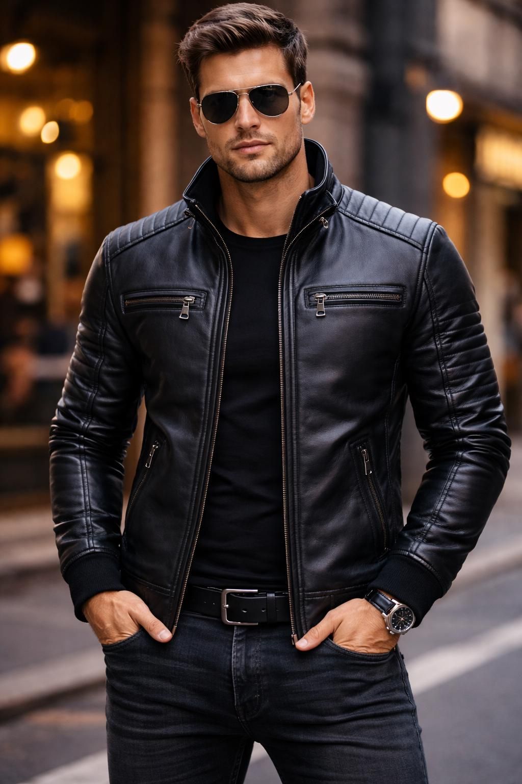 Streetwear Black Biker Jacket — Stand Collar, Quilted Shoulder