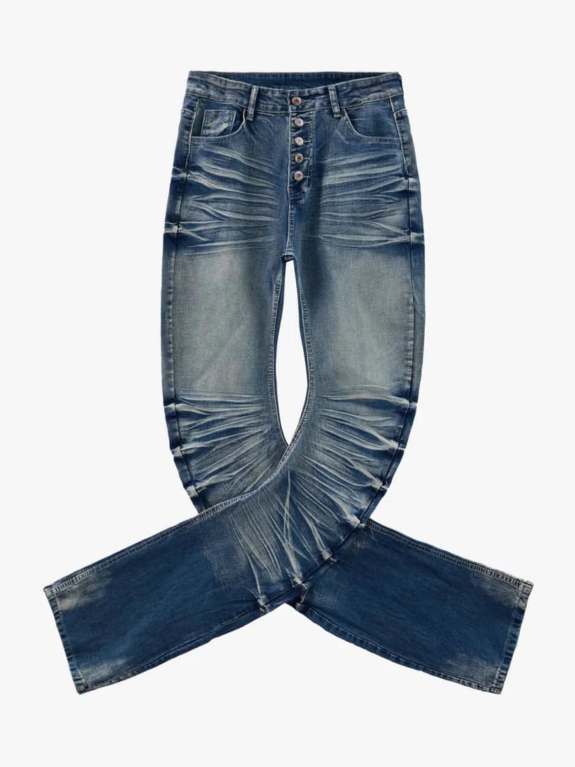 Vintage, Distressed, Casual Medium Wash Blue Jeans — Button Fly