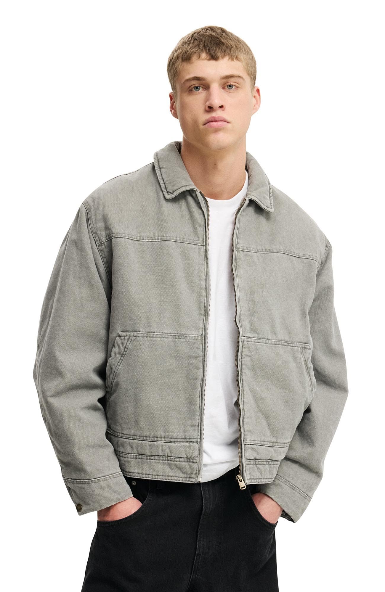 Cotton on Washed Grey Worker Jacket — Full Zip Closure, Point Collar