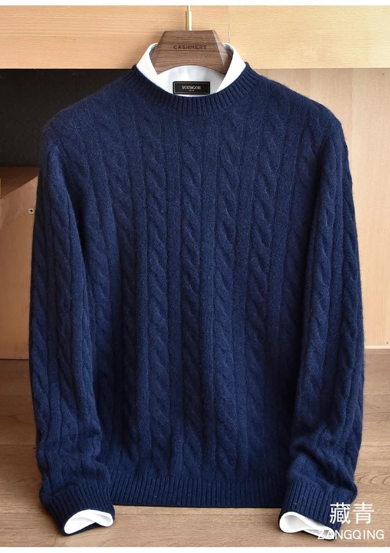 Youngor Navy Blue Cable Knit Sweater — Crew Neck, Long Sleeves