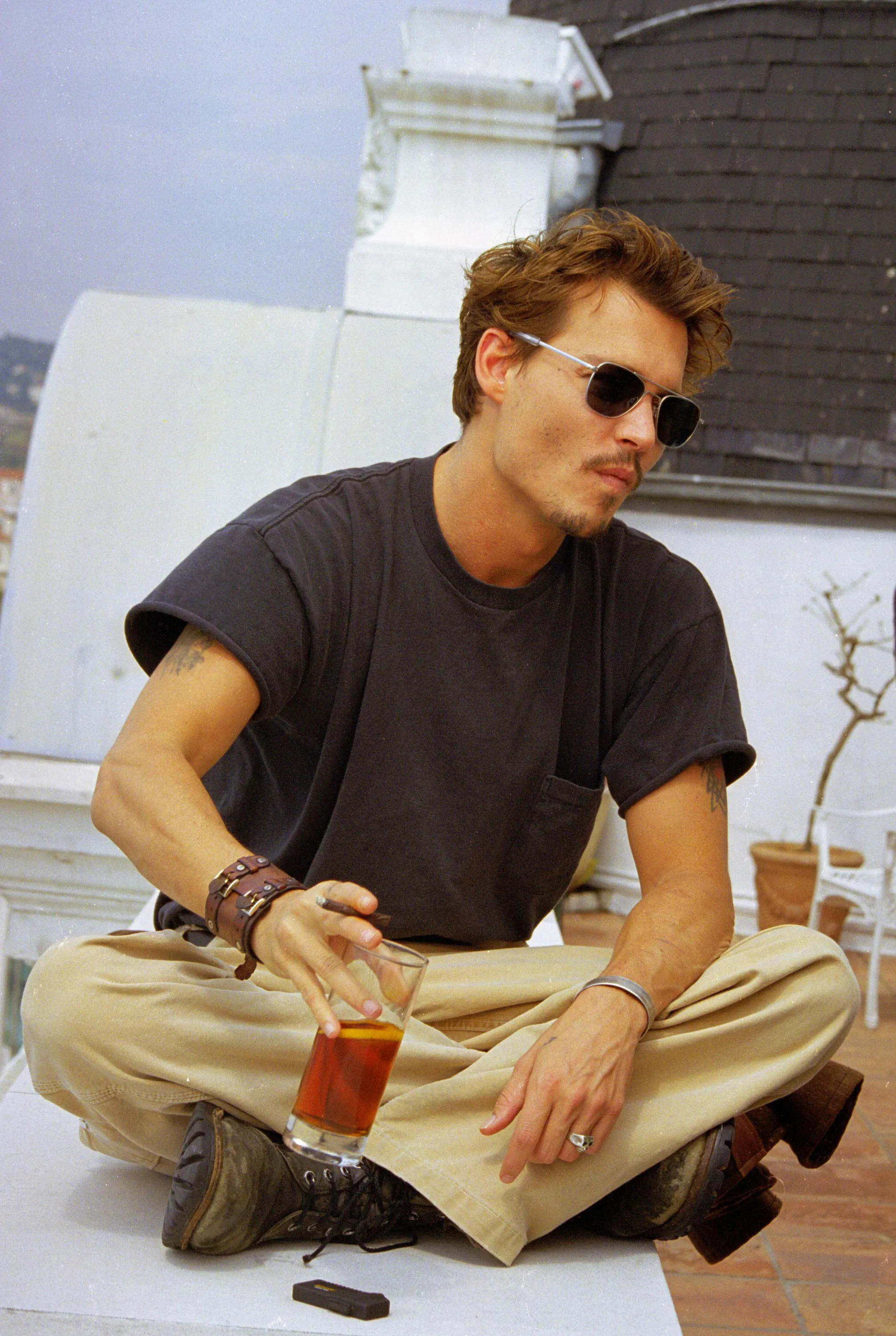 Johnny Depp charcoal grey t-shirt — crew neck, short sleeves with rolled cuffs, single chest pocket