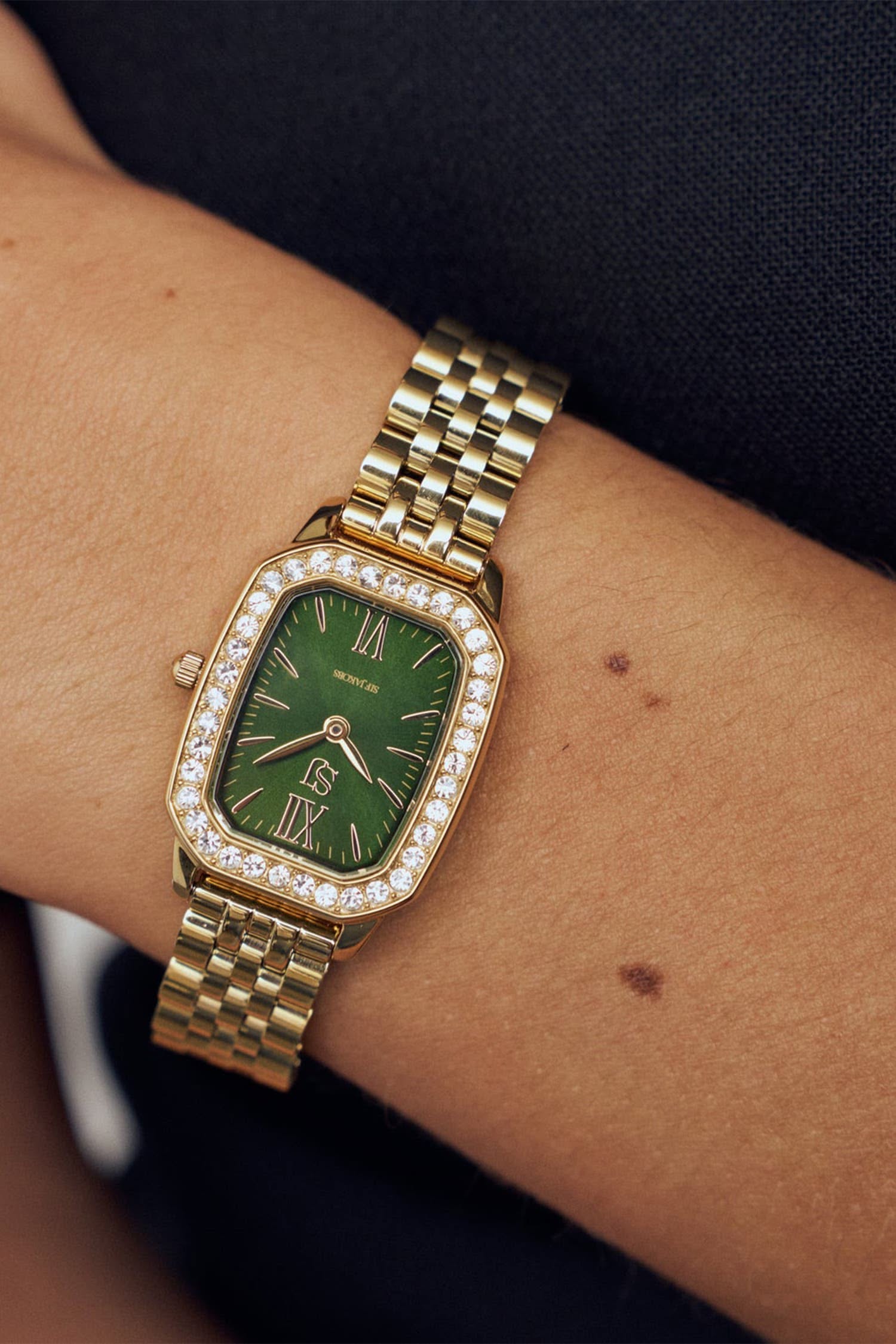 Sif Jakobs Jewellery Gold with Green Dial Watch — Rectangular Case