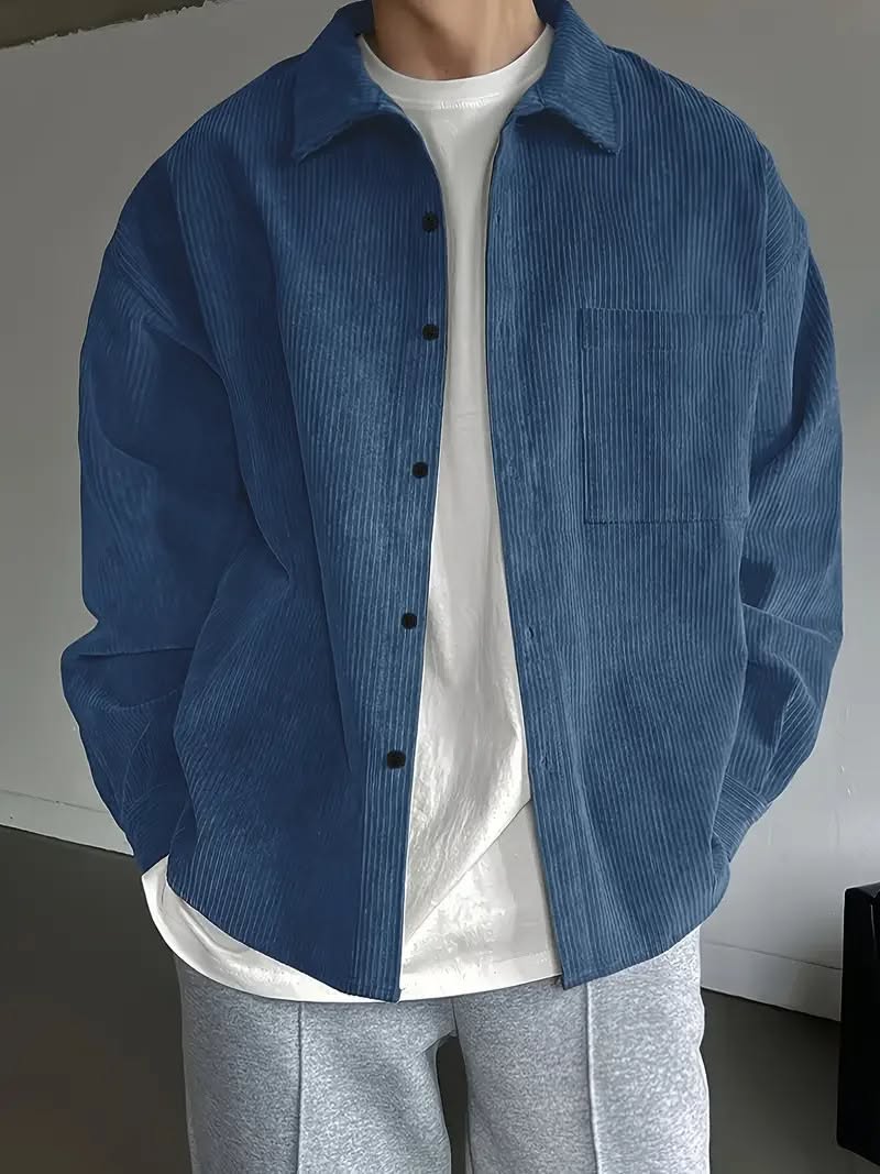 Casual Dusty Blue Corduroy Shirt Jacket — Button-down Closure