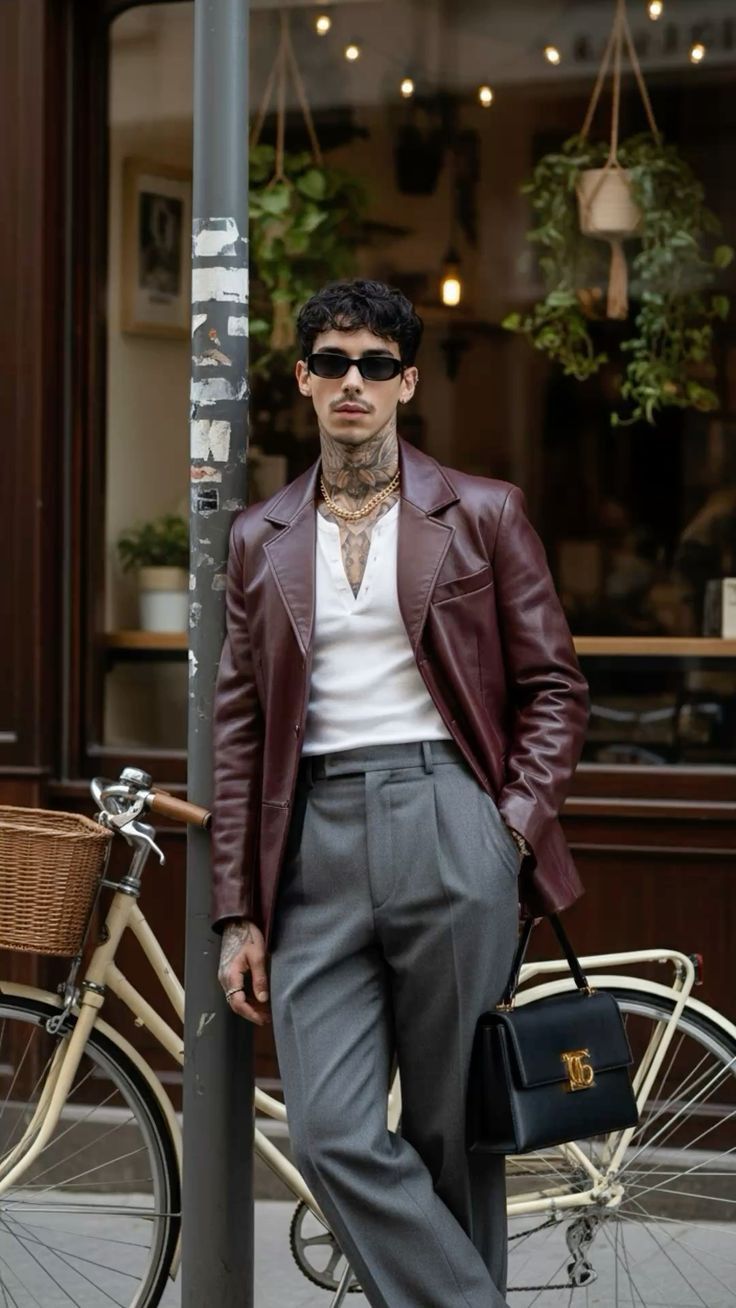 Streetwear Burgundy Leather Blazer — Notched Lapel, Single-breasted