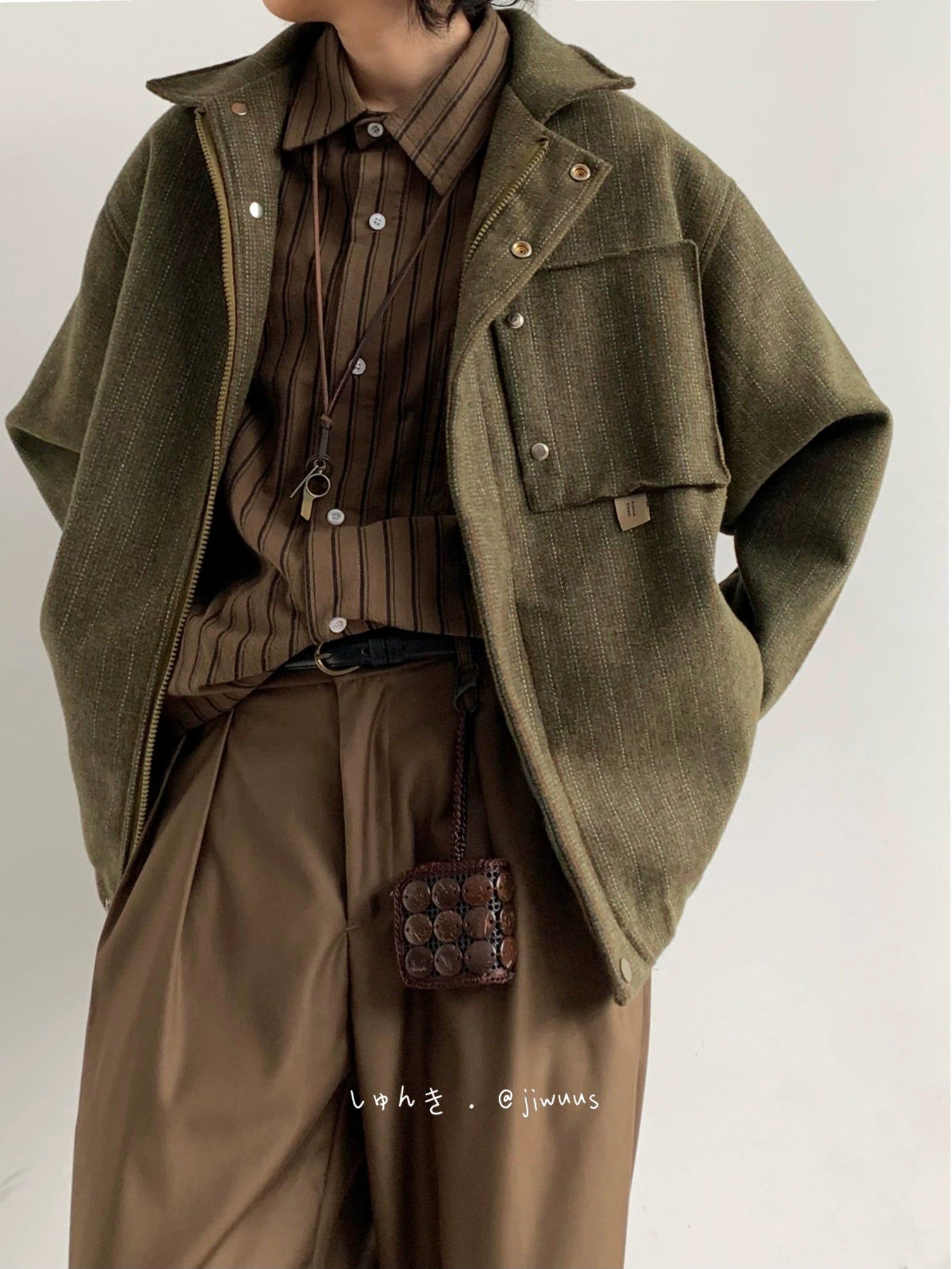 Streetwear Olive Green Cargo Jacket — Full Zip Closure, Front Patch