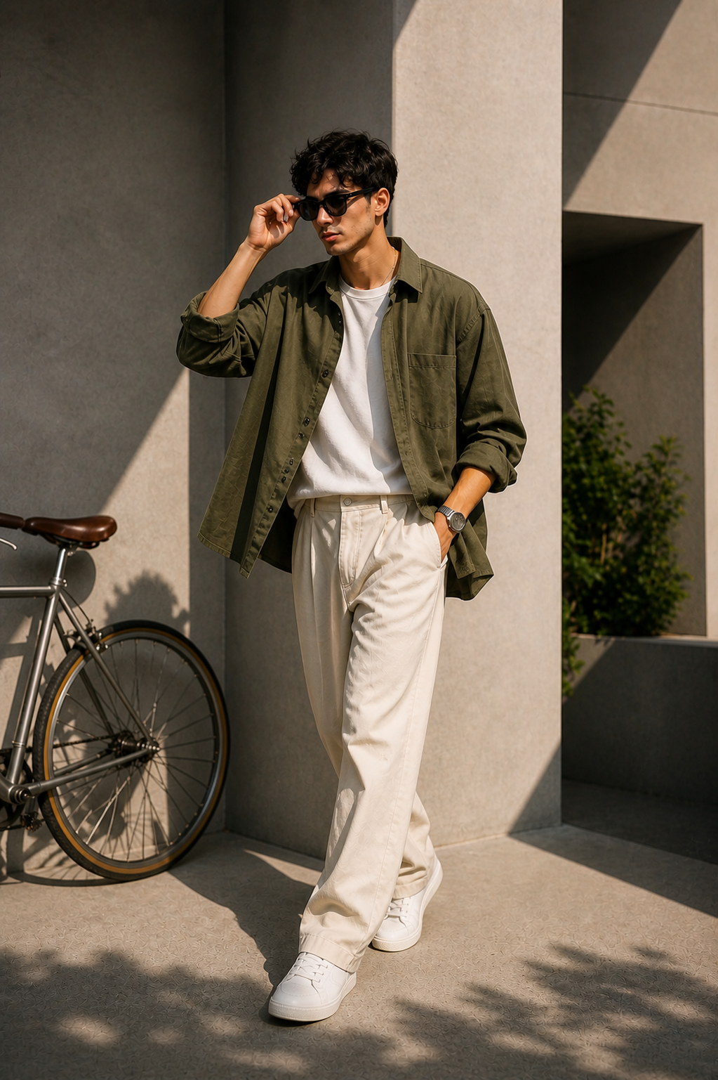 streetwear olive green overshirt — button-down front, point collar, chest patch pockets, long sleeves with button cuffs, dropped shoulders