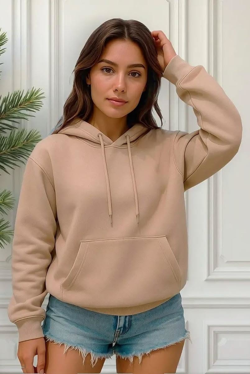 Casual Camel Beige Hoodie — Hooded with Adjustable Drawstrings, Front
