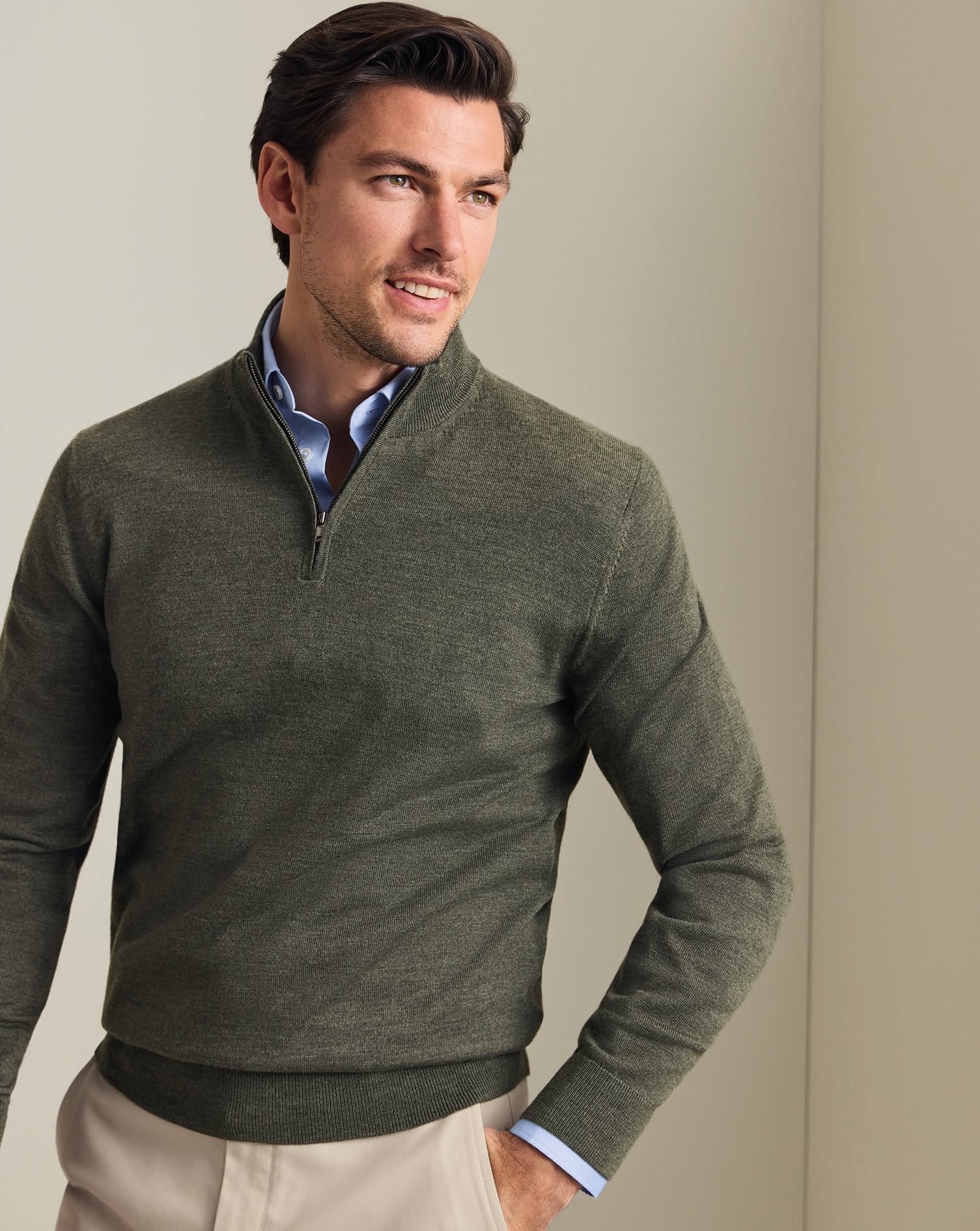 Classic Olive Green Melange Zip Neck Sweater — Mock Neck, Quarter