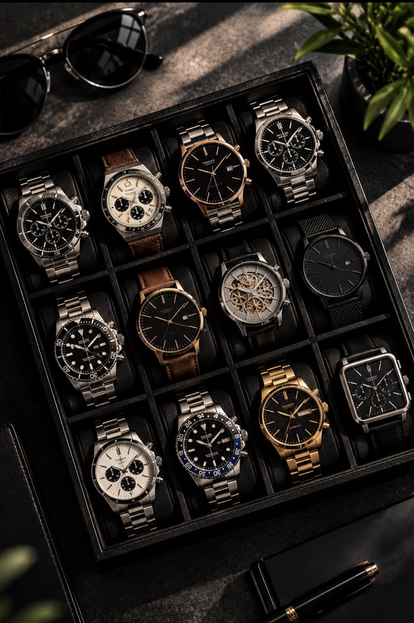 luxury black watch organizer — 12 slot compartments, soft velvet lining, clear top lid (implied)