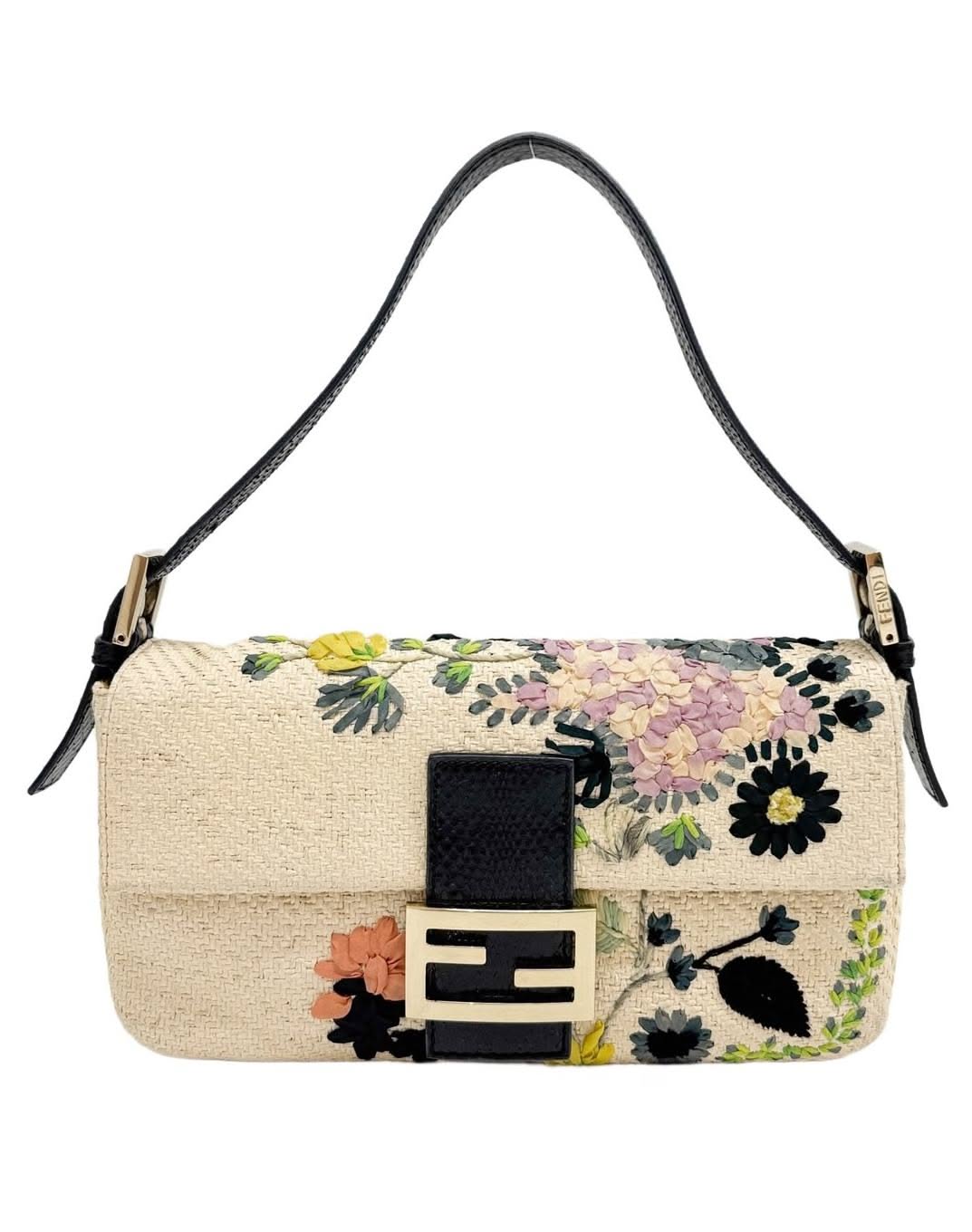 Fendi Beige Tweed with Multicolored Floral Embroidery Shoulder Bag