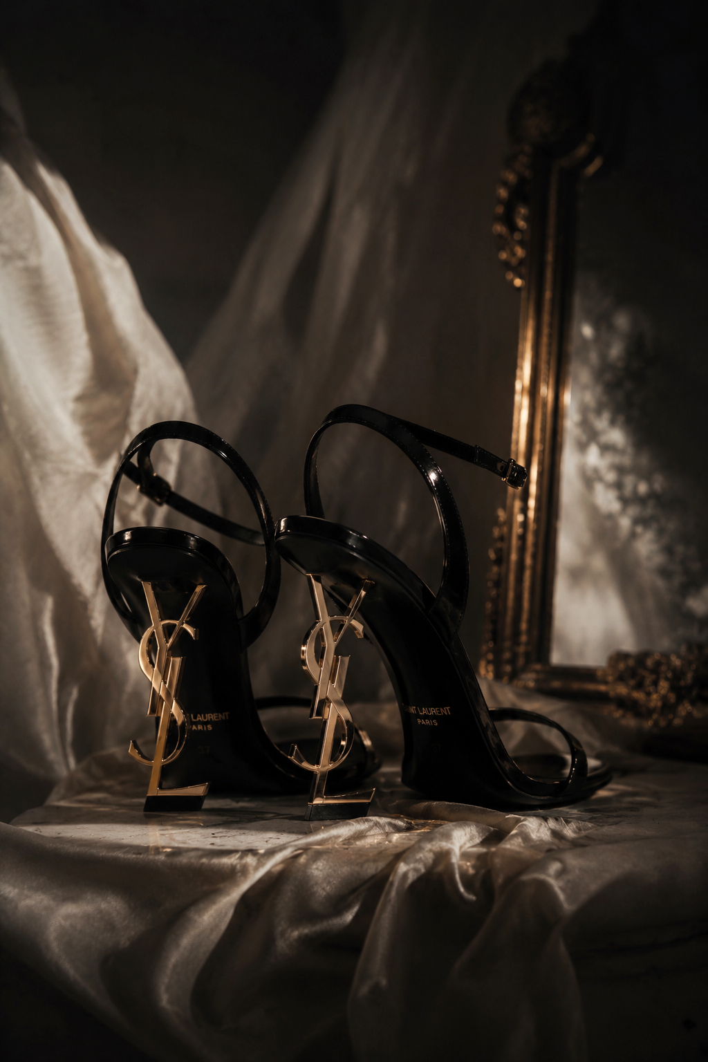 Saint Laurent Black Patent Heels — Metal YSL Monogram Heel, Ankle