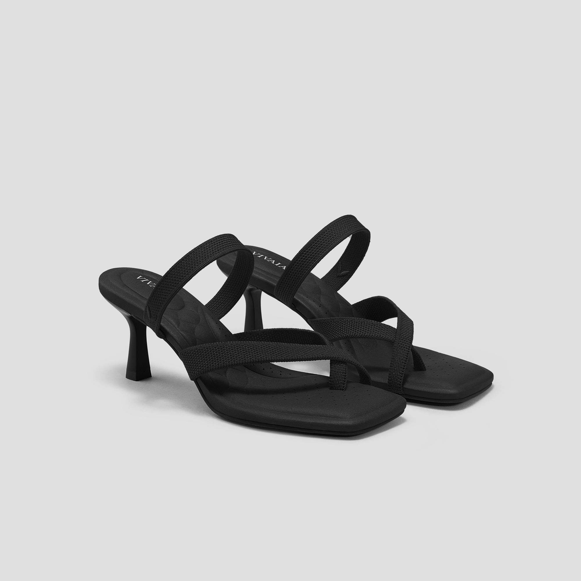 VIVAIA black mid-heel sandals — square toe, multiple thin woven straps, toe-ring strap, flared block heel