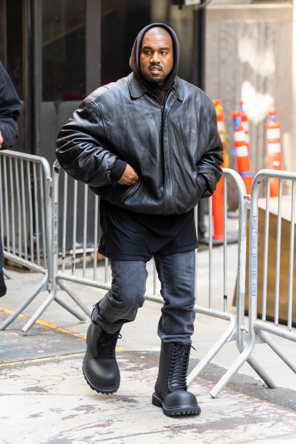 Kanye West Black Leather Bomber Jacket — Classic Pointed Collar