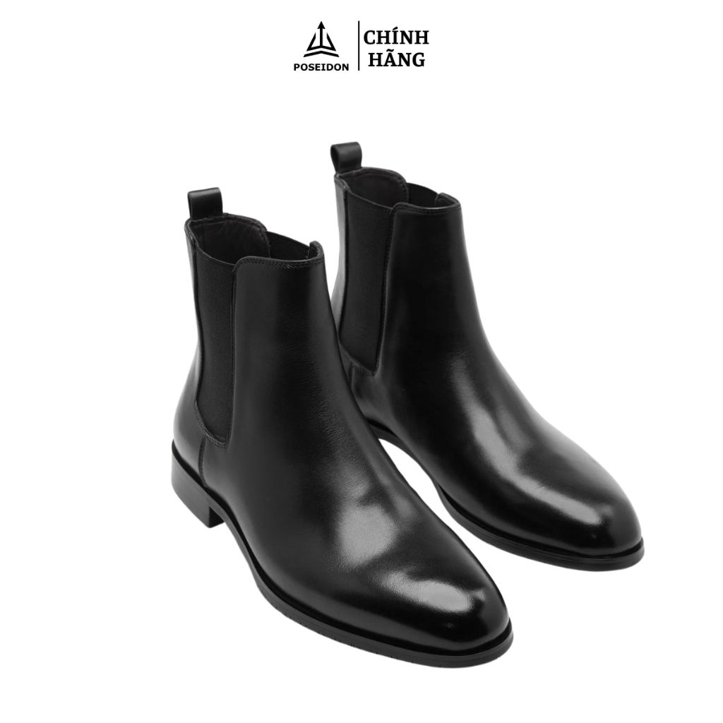 Poseidon black Chelsea boots — elastic side panels, pointed toe, pull tab at back, low block heel