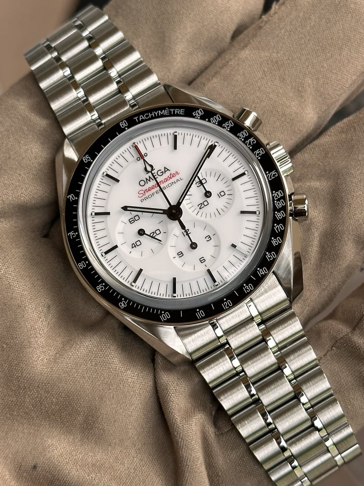 Omega Silver and White Watch — White Dial, Tachymeter Bezel